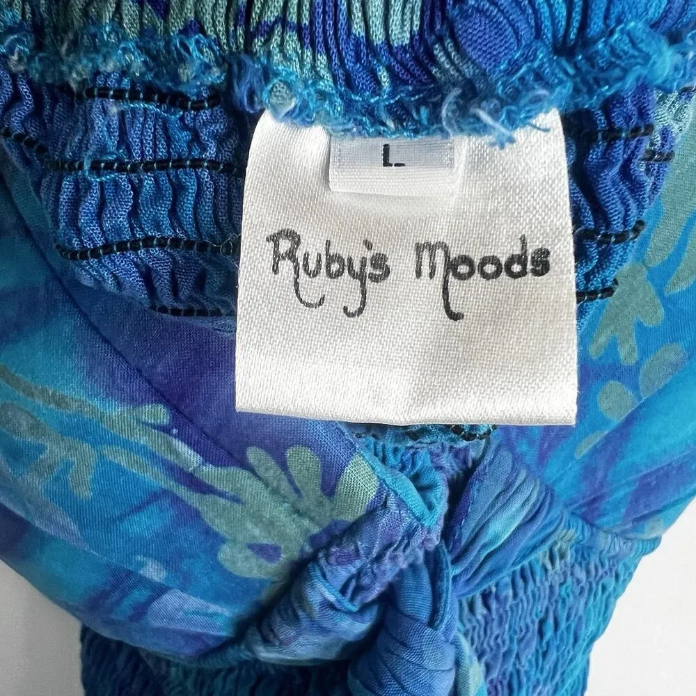 Vintage Ruby’s Moods Swimsuit Womens Sz L Blue Watercolor Pinup 90s Smocked